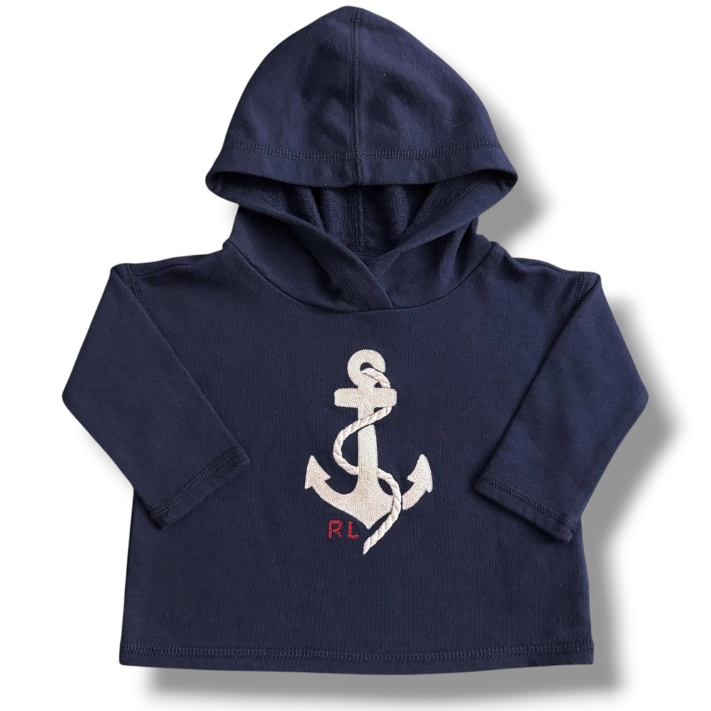 Ralph Lauren Hoodie Unisex Kids 9M Navy Blue Anchor Nautical Pullover